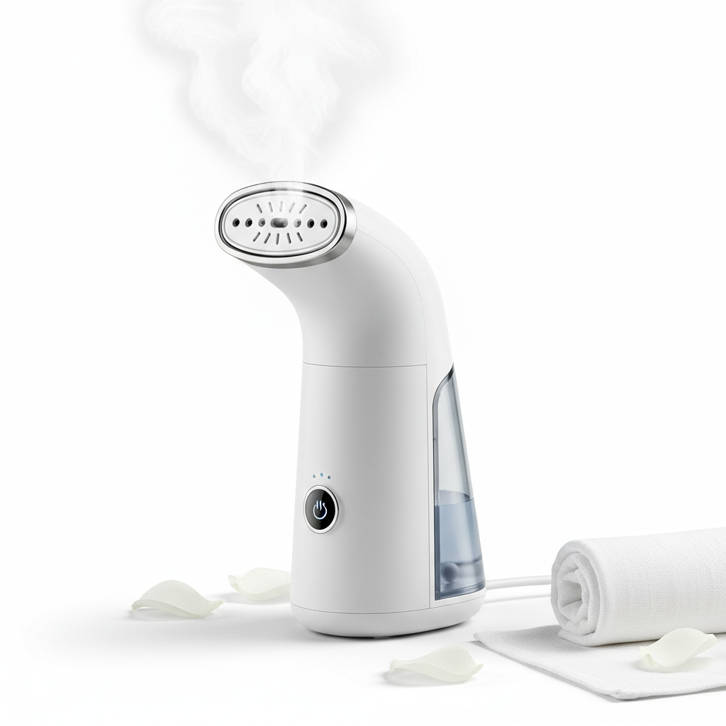 Portable handheld garment steamer on white background