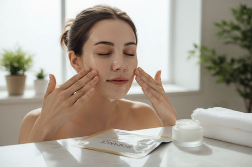 Woman applying Biodance bio-collagen face mask, soft natural lighting