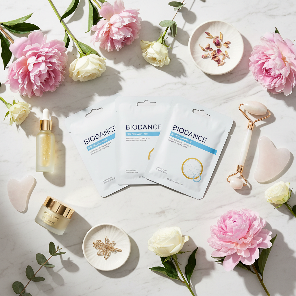 Biodance bio-collagen face mask flatlay with flowers on marble surface