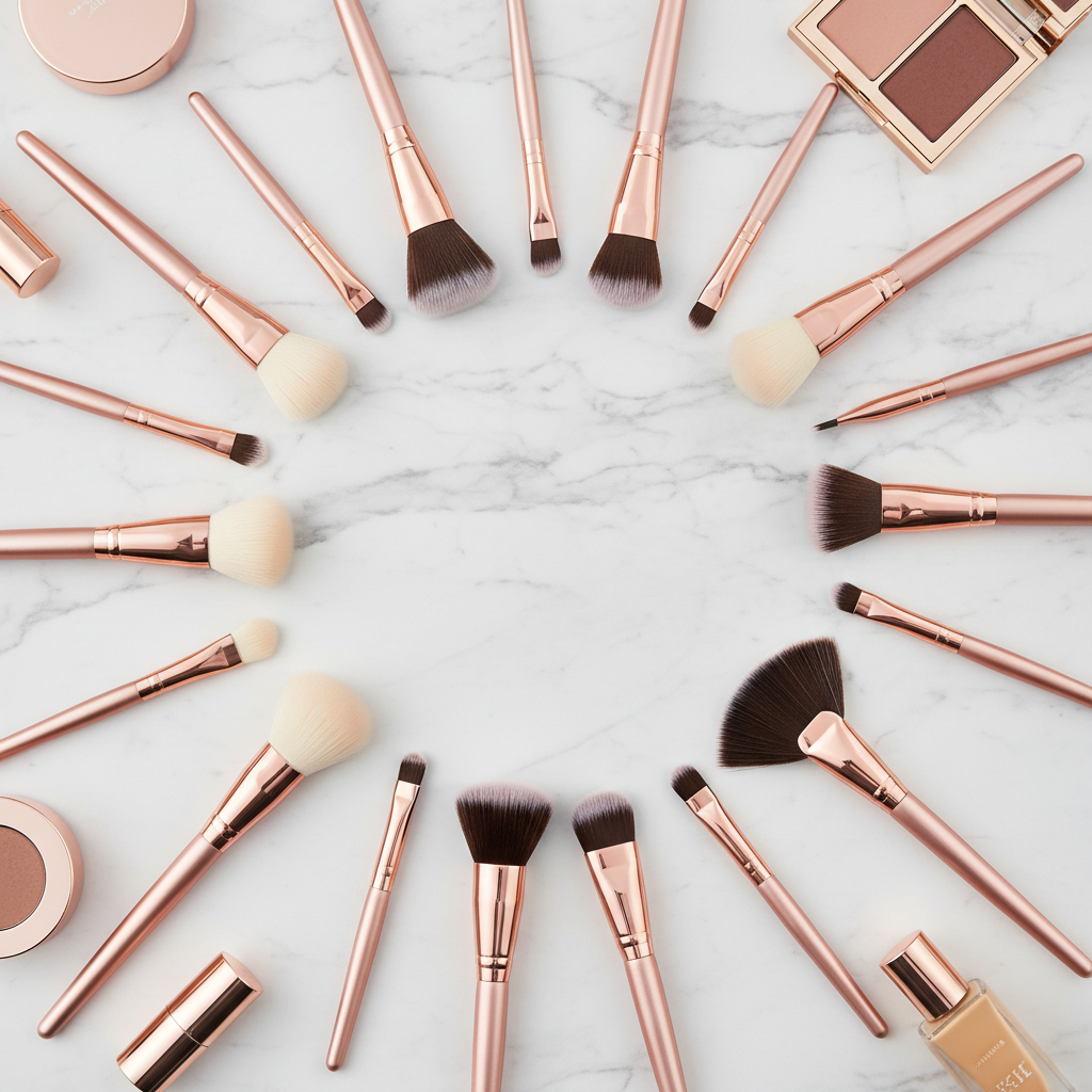 20 piece professional double ended makeup brush set flatlay on marble