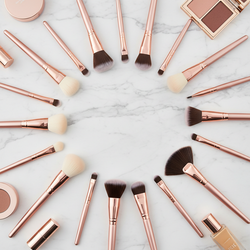 20 piece professional double ended makeup brush set flatlay on marble