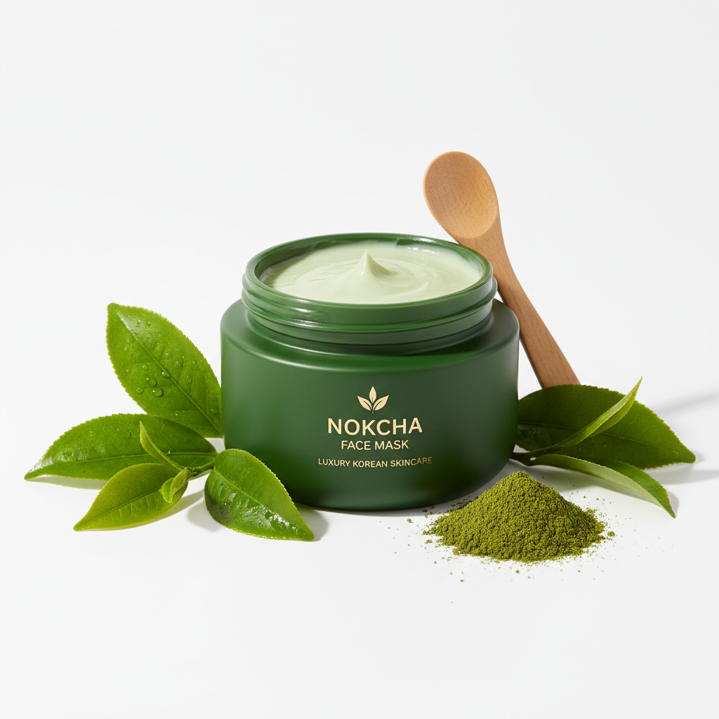 Green tea deep cleansing face mask on white background with green tea leaves