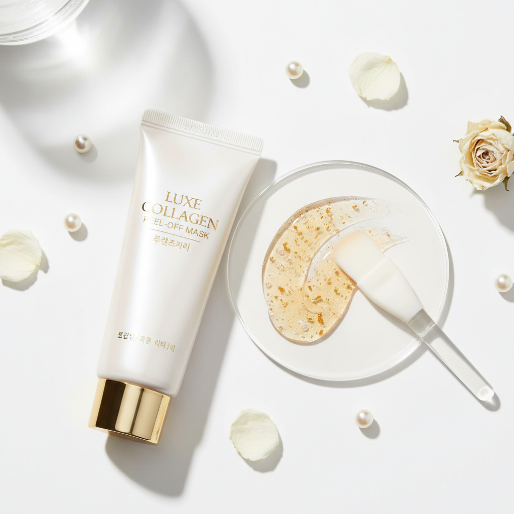 Korean deep collagen peel off face mask on white background